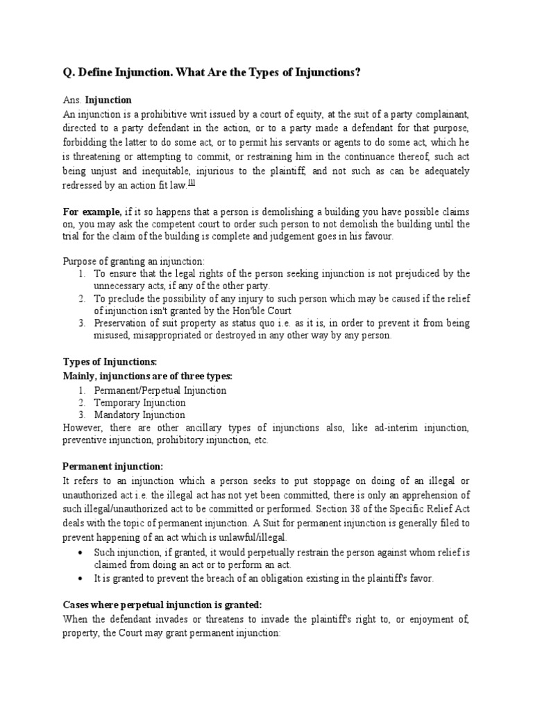 Q Define Injunction What Are The Types of Injunctions? PDF