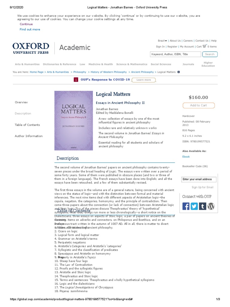【中古】Truth, Etc.: Six Lectures onAncient Logic／Jonathan Barnes／Oxford University Press,U.S.A. Logical Matters - Jonathan Barnes - Oxford University Press | PDF