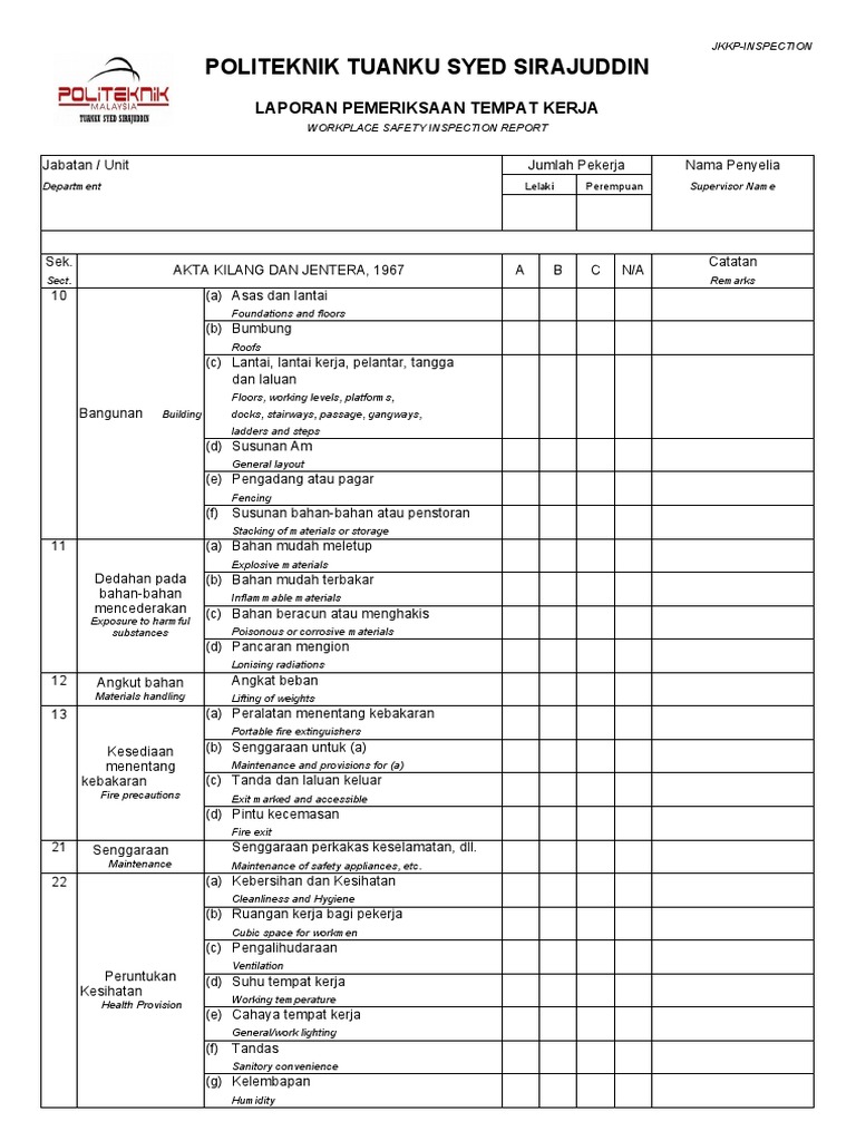 Borang Laporan Pemeriksaan Tempat Kerja | PDF