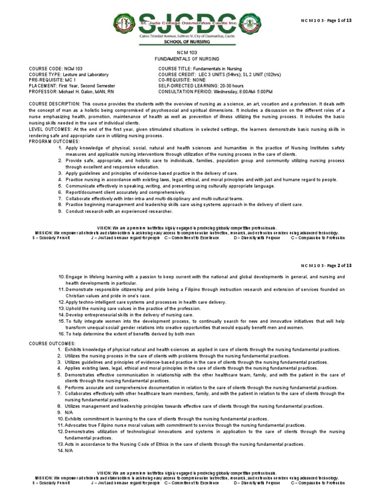 NCM 103 Fundamentals of Nursing Syllabus | PDF | Nursing | Evidence ...