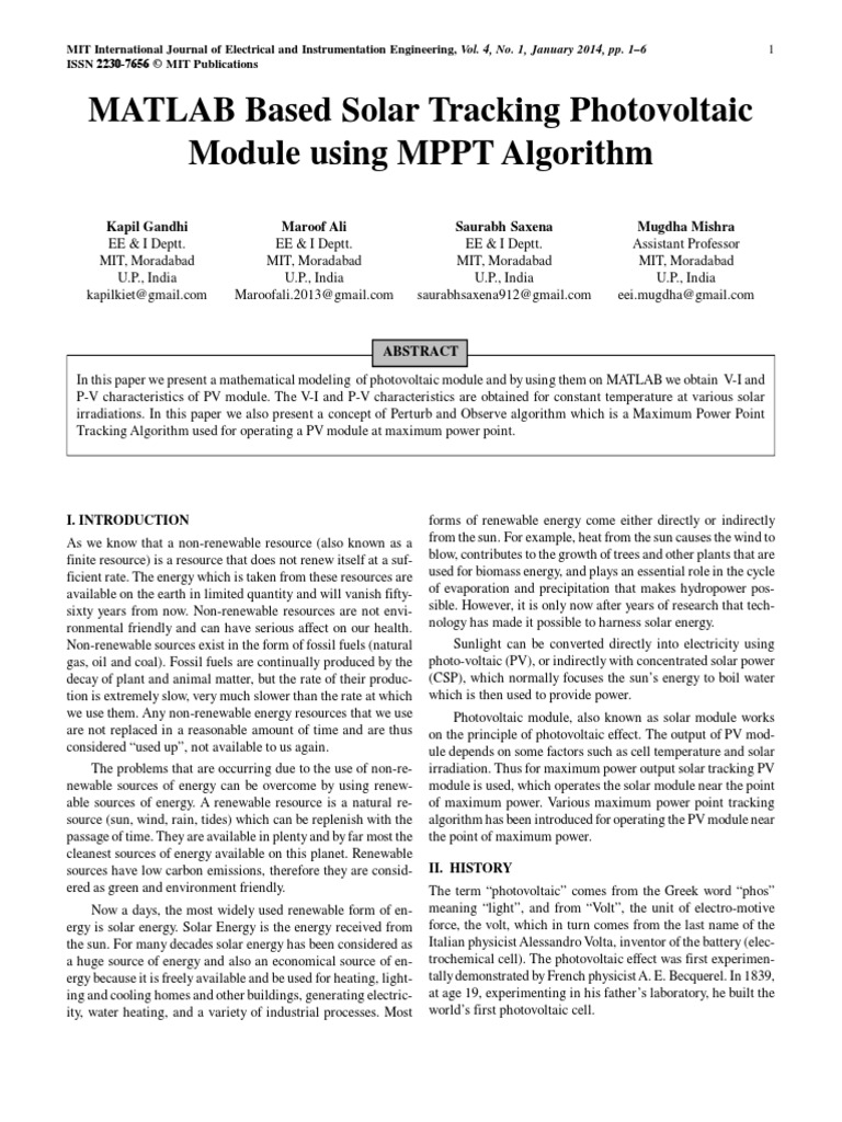 MATLAB Based Solar Tracking Photovoltaic Module Using MPPT Algorithm ...