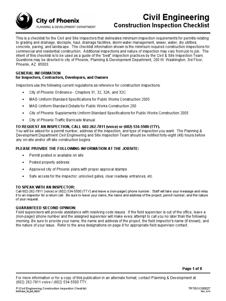 Civil Engineering Inspection Checklist | PDF | Drainage | Storm Drain