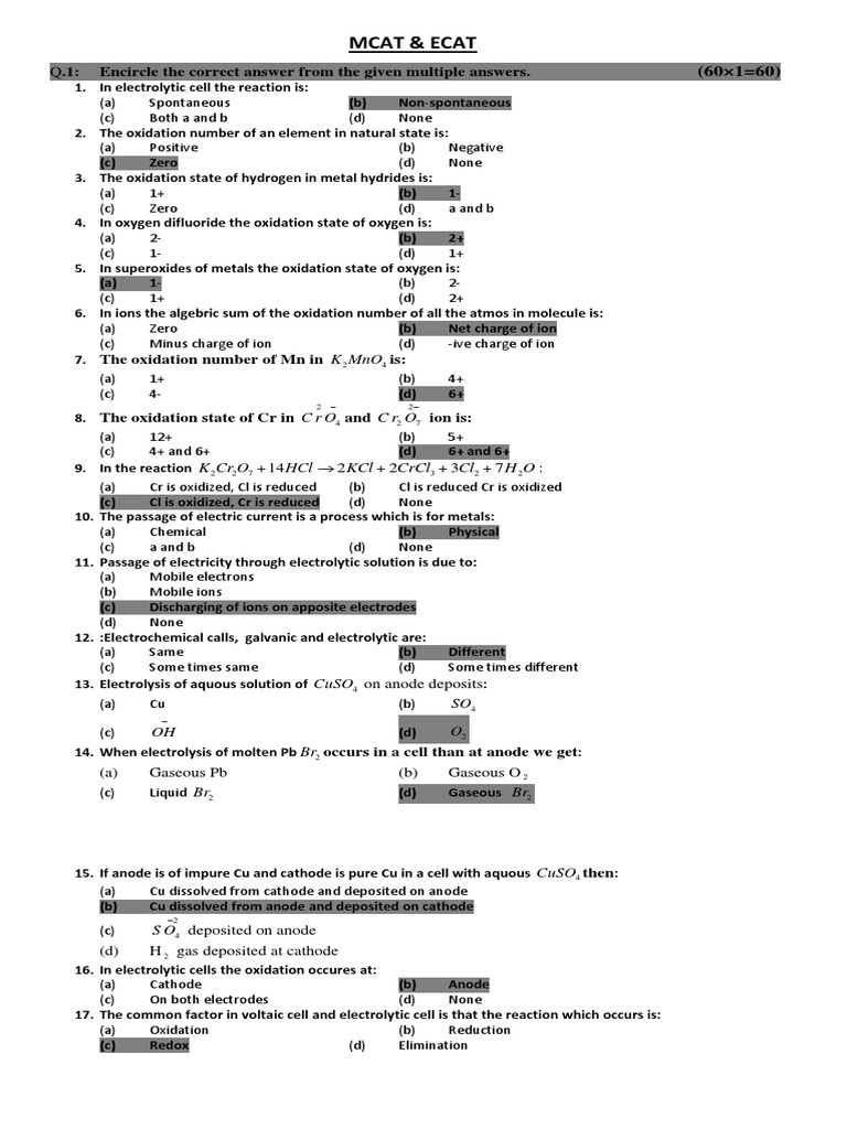 MCAT ECAT Chemistry Practice Questions | PDF | Anode | Atoms