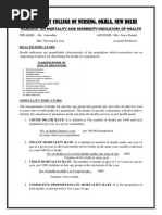 Holy Family College of Nursing, Okhla, New Delhi: Handout On Mortality and Morbidity Indicators of Health