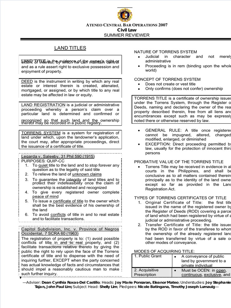 Lands, Titles and Deeds Reviewer (Ateneo) Title (Property) Deed
