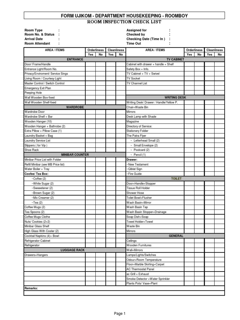 Hotel Room Inspection Checklist | PDF | Bathroom | Home