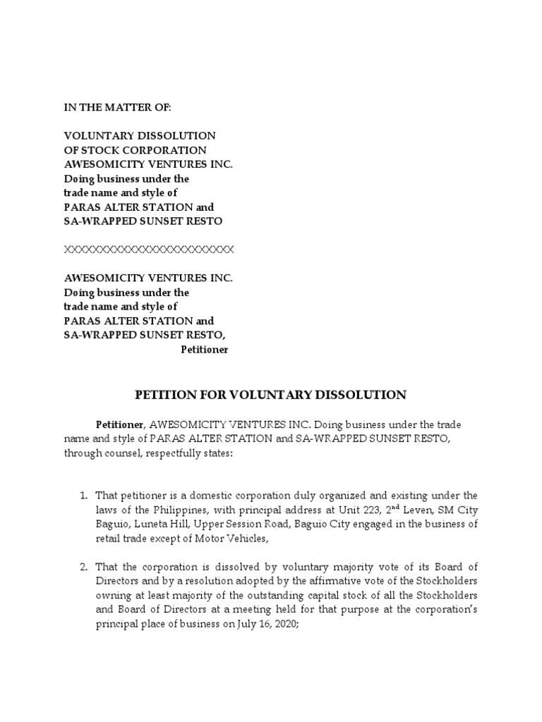 Petition For Voluntary Dissolution - AVI | PDF | Corporations | Legal ...