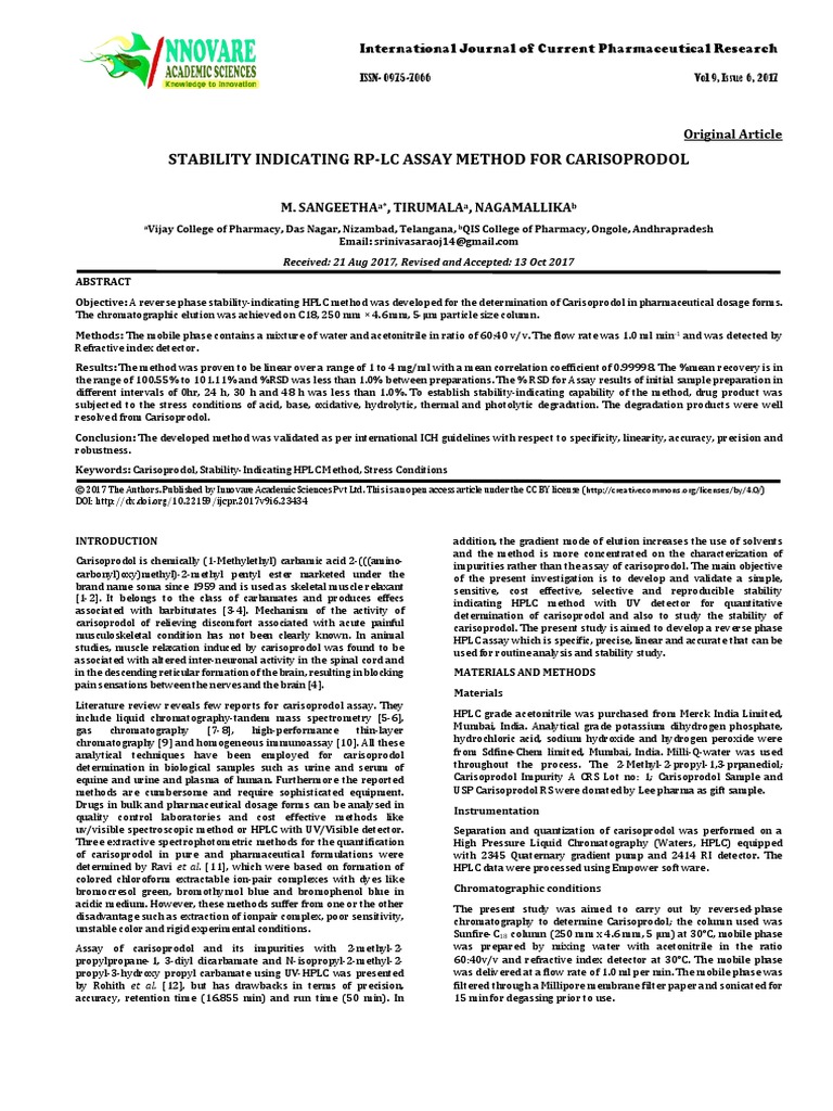 Stability Indicating RP-LC Assay Method For Carisoprodol: Original ...