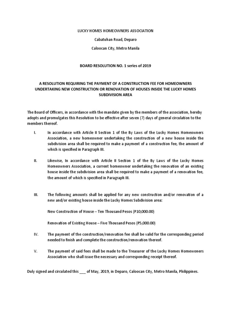 Construction Fee Resolution for Homeowners | PDF | Government ...