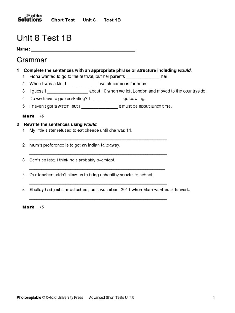 Short Test Unit 8 1B+2B | PDF | Clothing