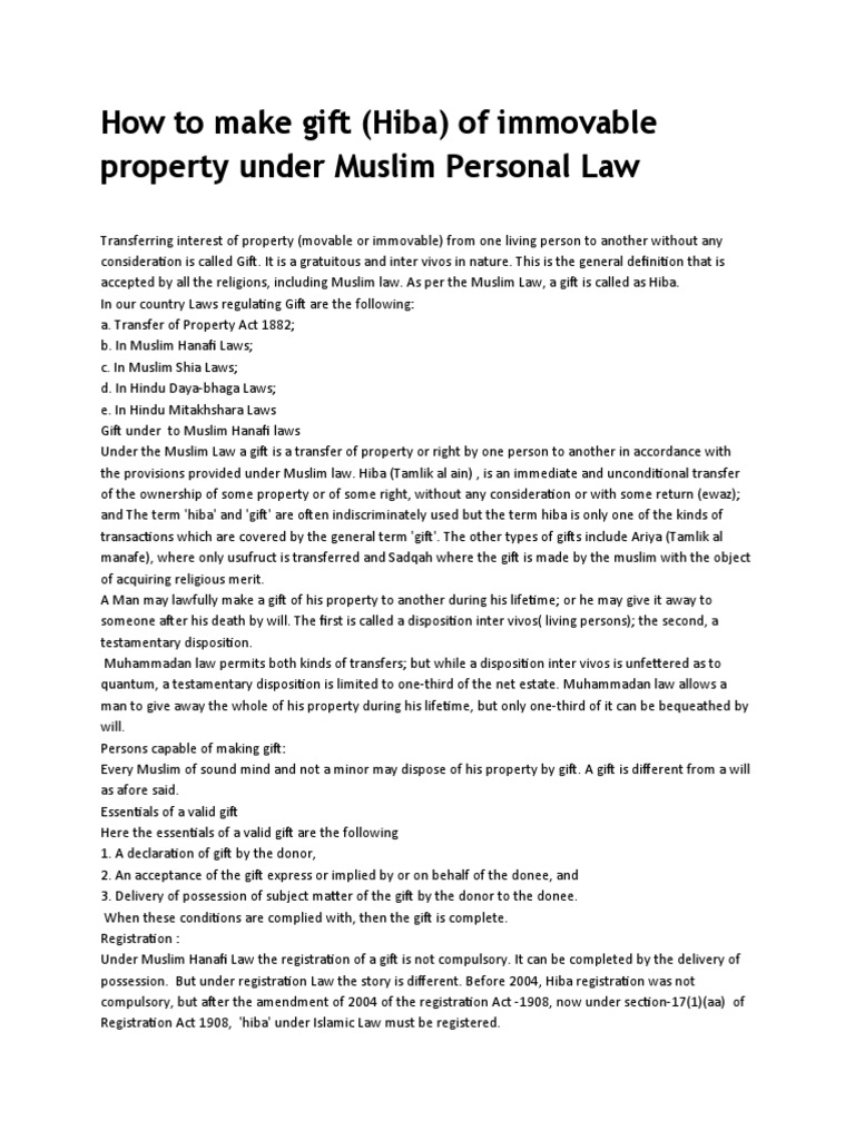 How To Make Gift (Hiba) of Immovable Property Under Muslim Personal Law