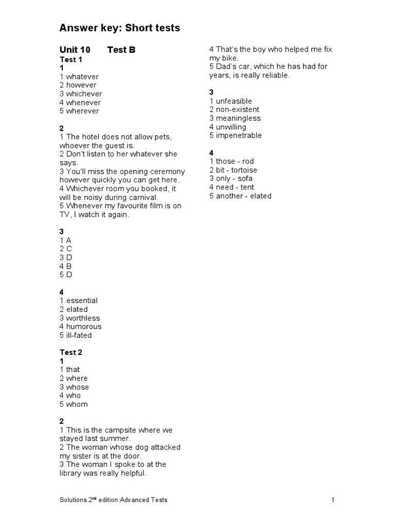 Unit 10 Test B Answer Key | PDF