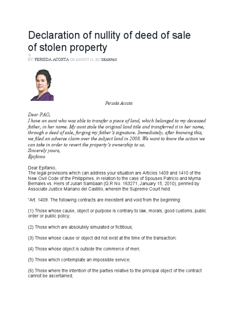 Declaration of Nullity of Deed of Sale of Stolen Property VOID SALE AUG