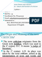 Paper Name: Literary Theory and Criticism Assignment Topic: Nature and Function of Criticism