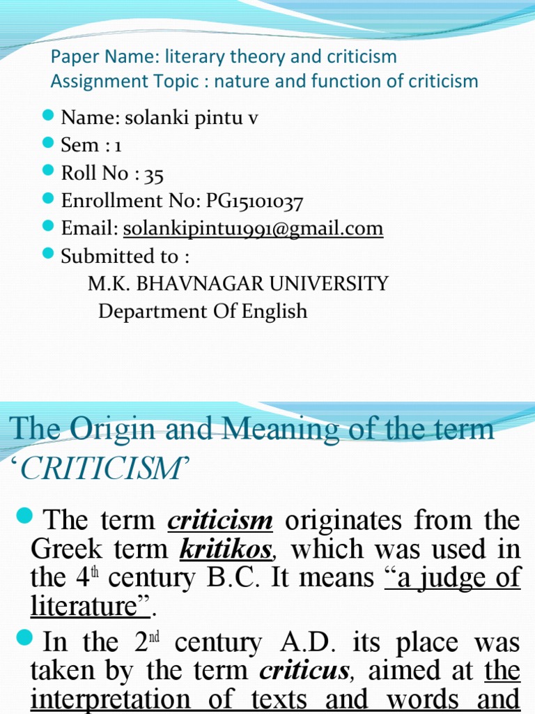 Paper Name: Literary Theory and Criticism Assignment Topic: Nature and ...