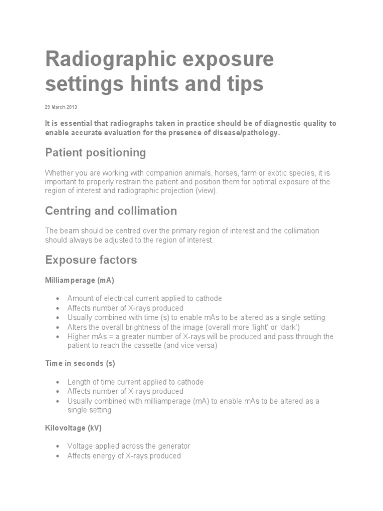 Radiographic Exposure Settings Hints and Tips PDF X Ray Radiography