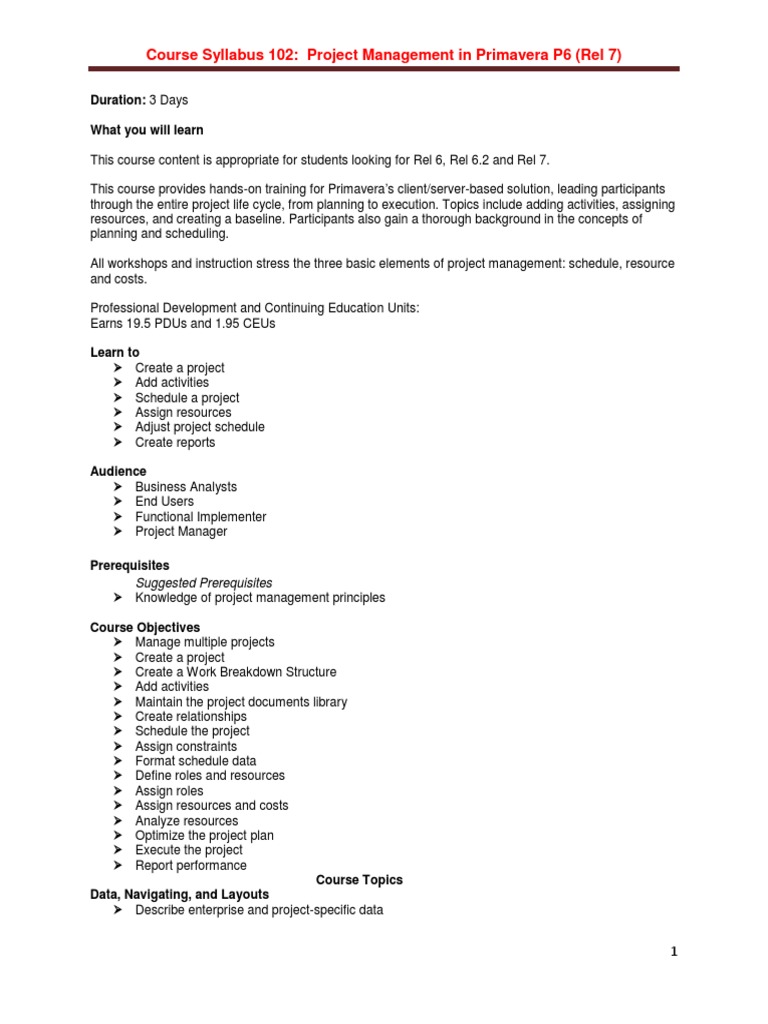 Course Syllabus 102: Project Management in Primavera P6 (Rel 7 ...