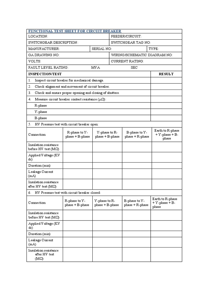 Functional Test Sheet - CB | Download Free PDF | Switch | Relay
