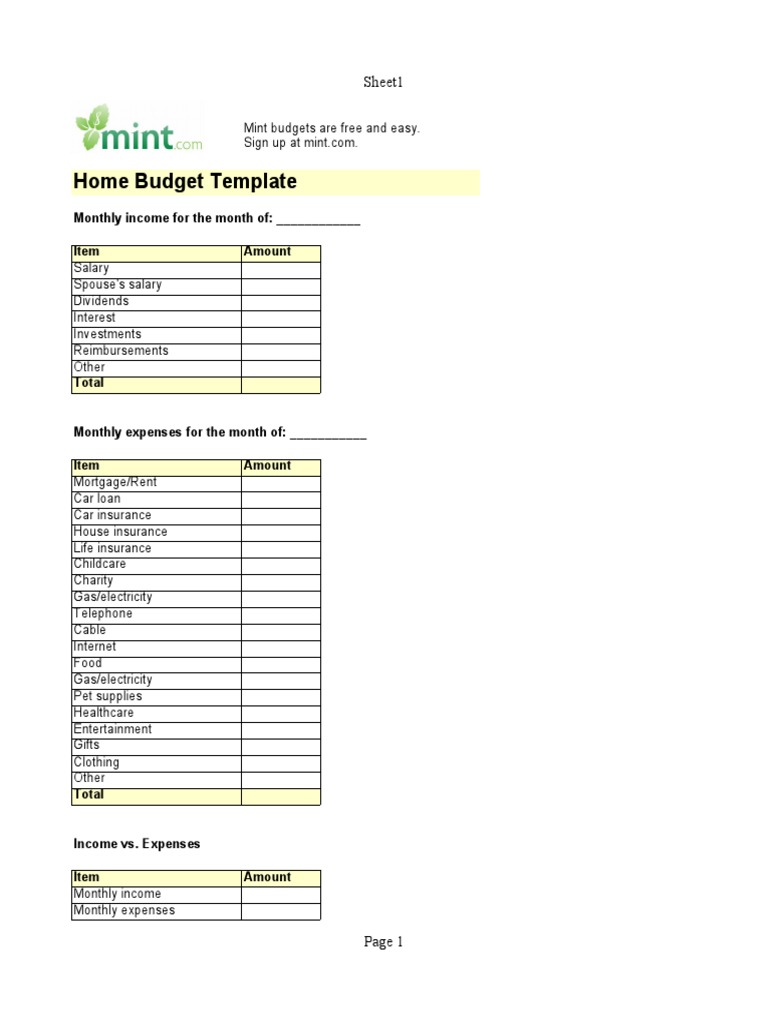 Monthly Home Budget Template | PDF