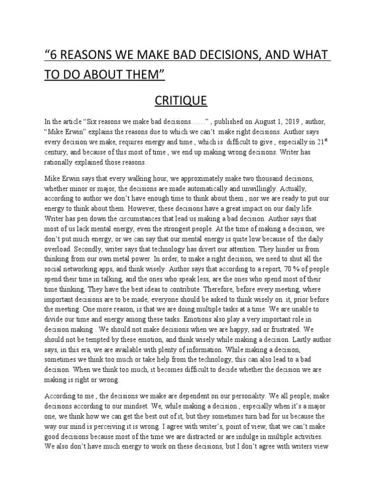 Reasons for Poor Decision Making | PDF | Reason | Psychology