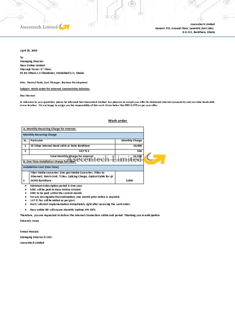 Asecentech Limited Internet Work Order1 | PDF | Internet Access ...