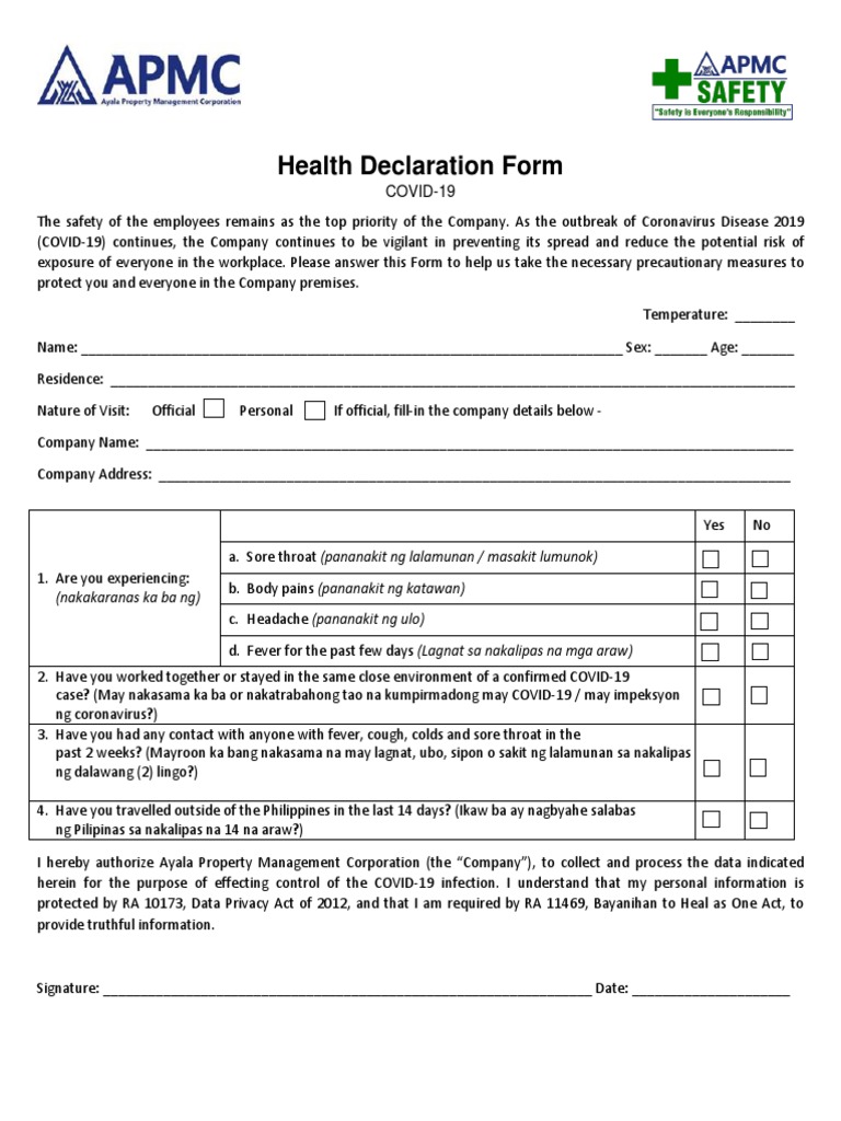 EMPLOYEE Health Declaration Form COVID19 DOLE DTI PDF Diseases And Disorders Epidemiology