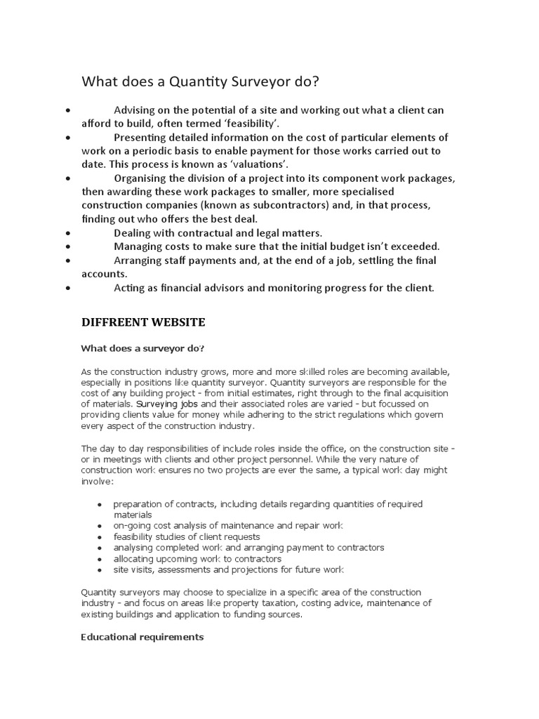 What Does A Quantity Surveyor Do? Diffreent site PDF Academic