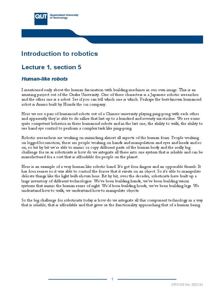 Introduction To Robotics: Lecture 1, Section 5 | PDF | Technology ...