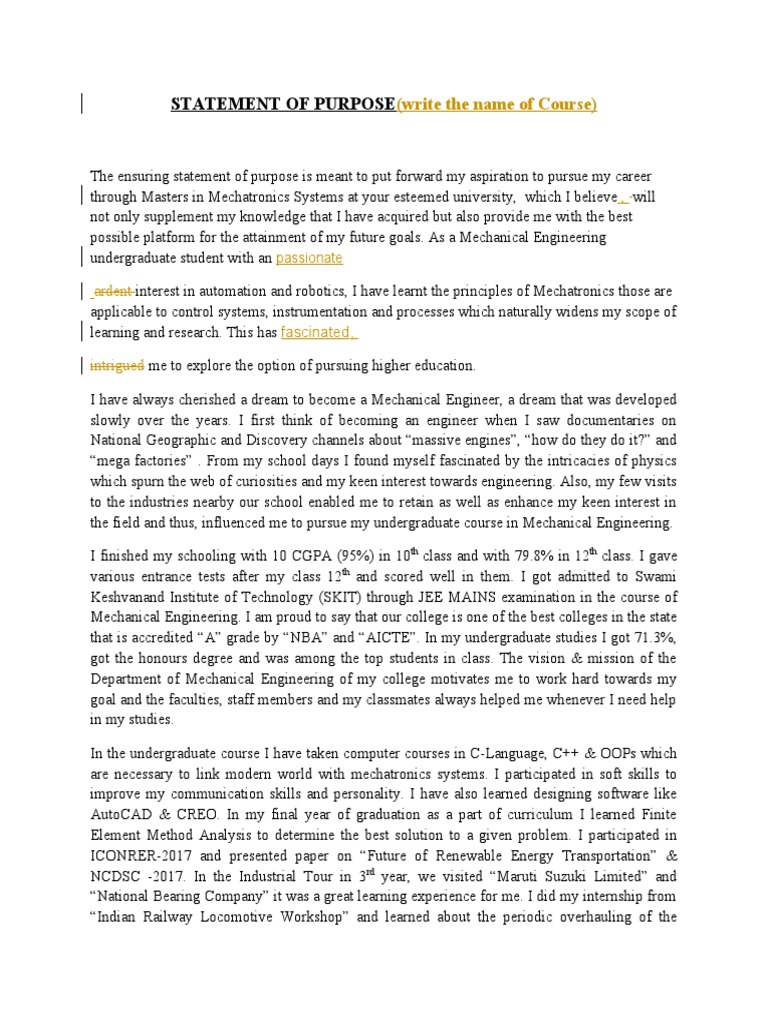 Statement of Purpose: (Write The Name of Course) | PDF | Mechatronics ...