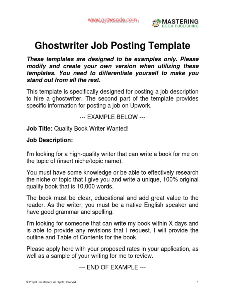 05 MBP Template Ghostwriter Job Posting PDF | PDF | Writers | Books
