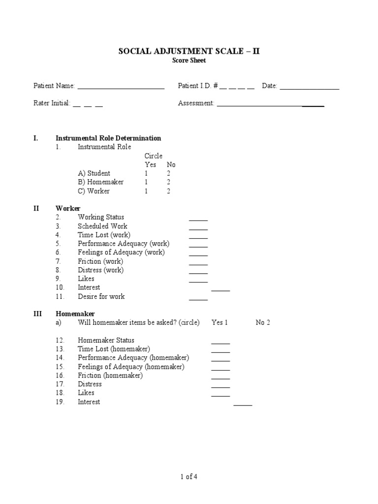 Social Adjustment Scale Ii I. Instrumental Role Determination