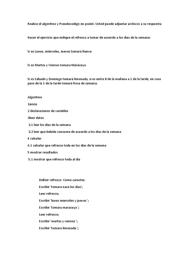 Algoritmo de Bebidas por Día de la Semana | PDF | Cocina, comidas y ...