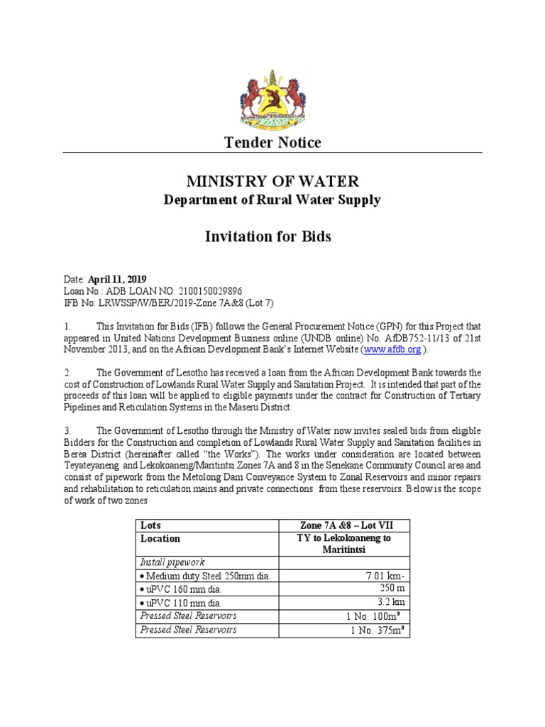 Tender Notice Ministry of Water Invitation For Bids (IFB) | PDF | Water ...