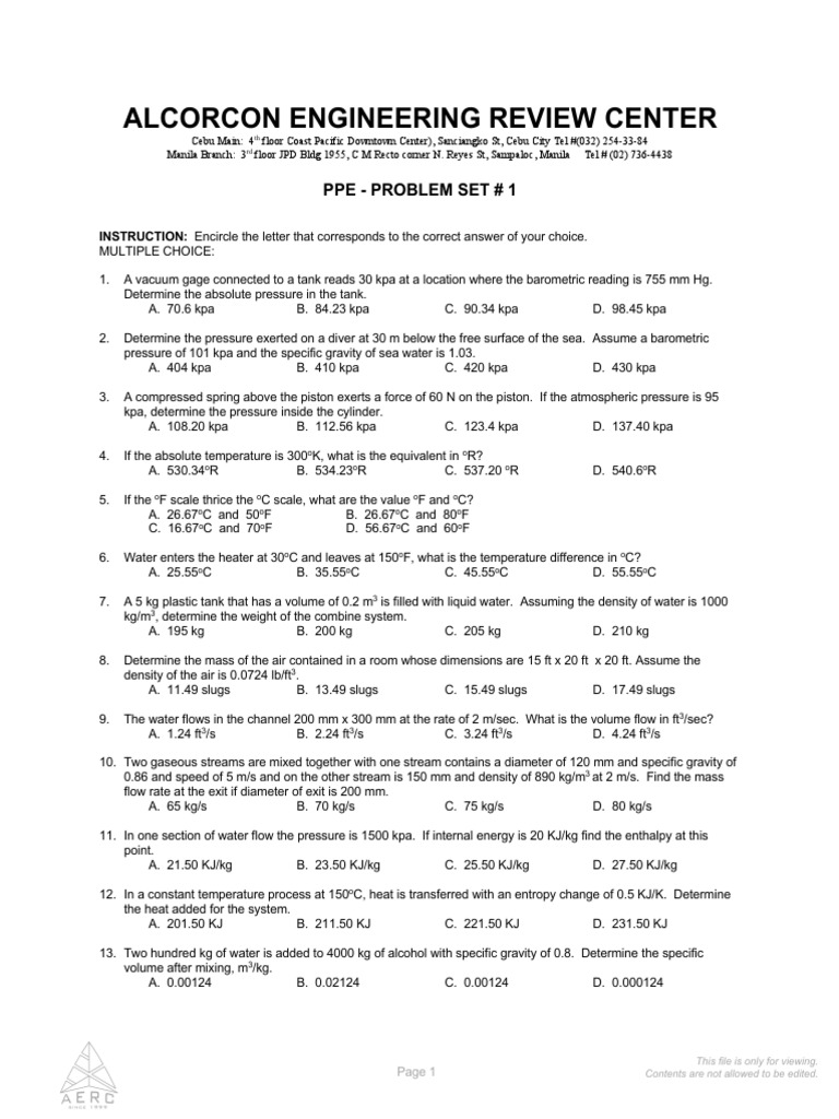 Alcorcon Engineering Review Center: Ppe - Problem Set # 1 | PDF ...