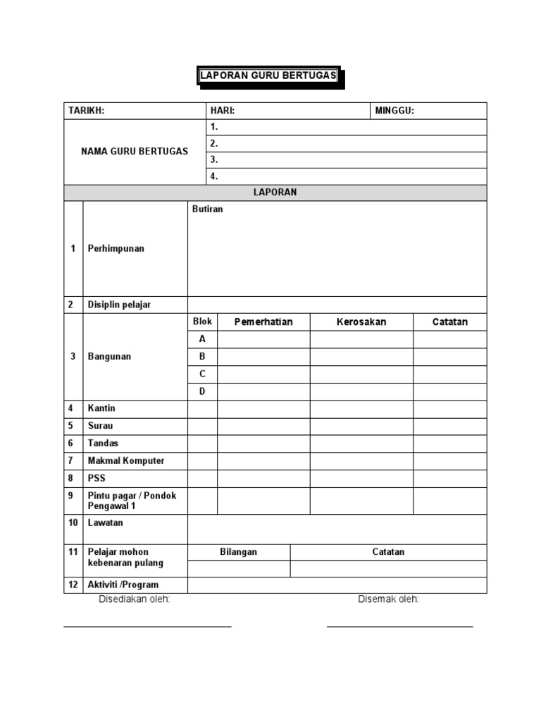 Borang Laporan Guru Bertugas Pdf