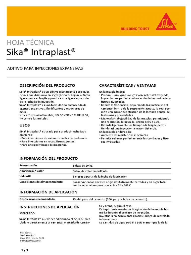 Ficha Tecnica Sika Intraplast | PDF | Cemento | Agua