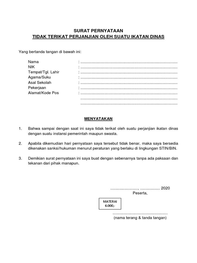 Surat Pernyataan Tidak Terikat Perjanjian Oleh Suatu Ikatan Dinas