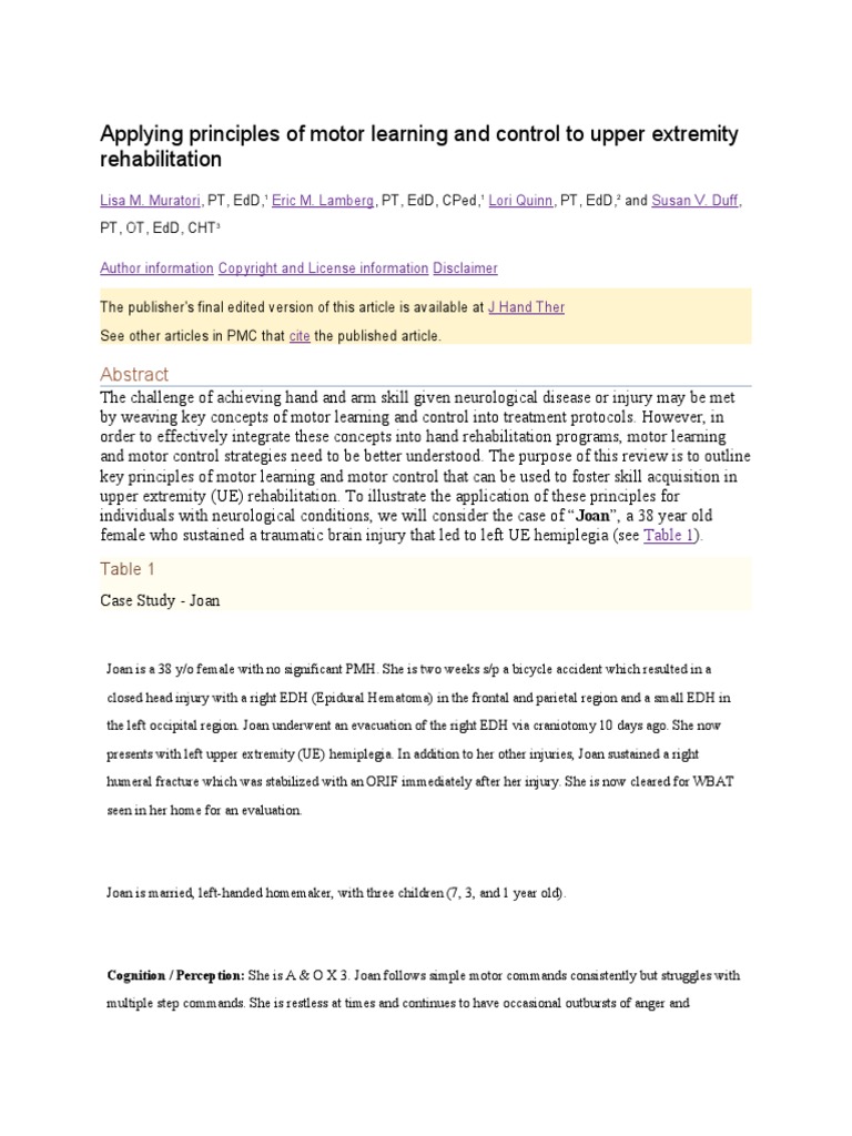 Applying Principles of Motor Learning and Control To Upper Extremity