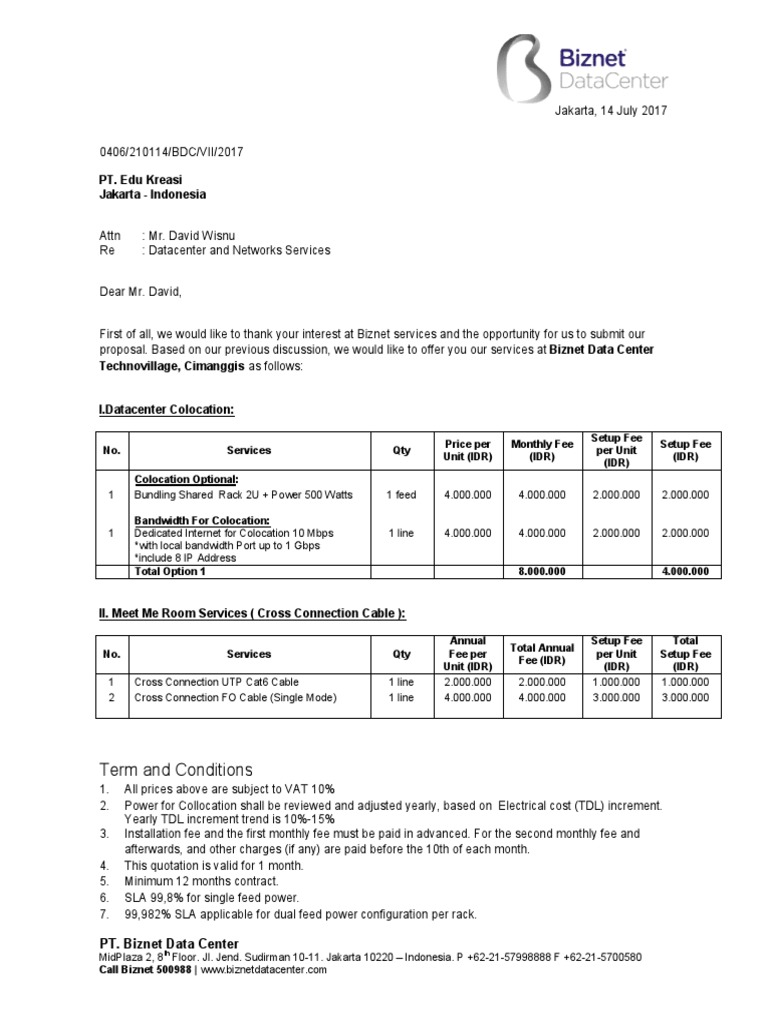 Proposal Penawaran Harga Biznet Colocation Computer Mediated Communication Telecommunications