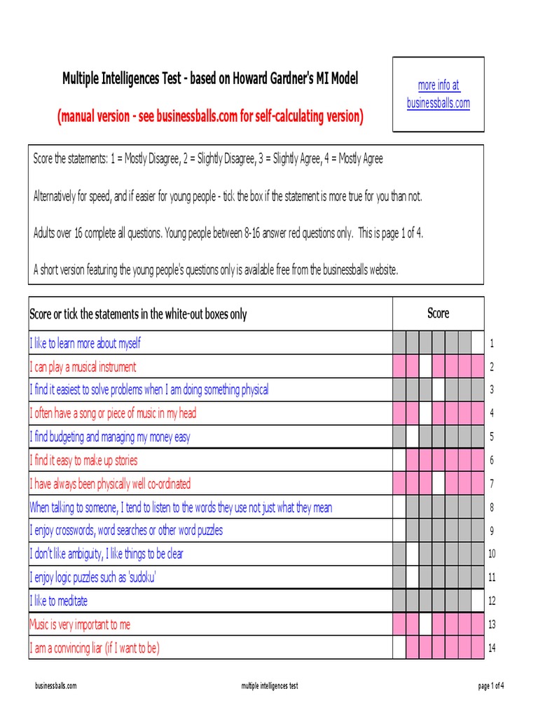 Free Multiple Intelligences Test Manual Version PDF Intelligence