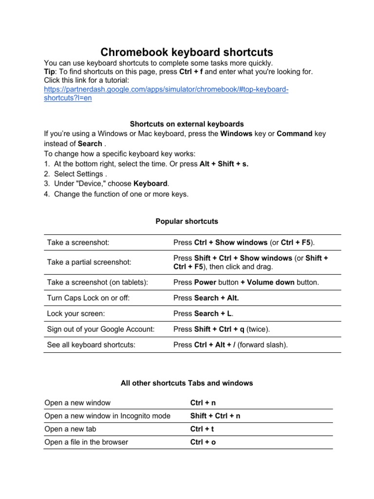 Chromebook Keyboard Shortcuts PDF PDF Computer Keyboard Screenshot