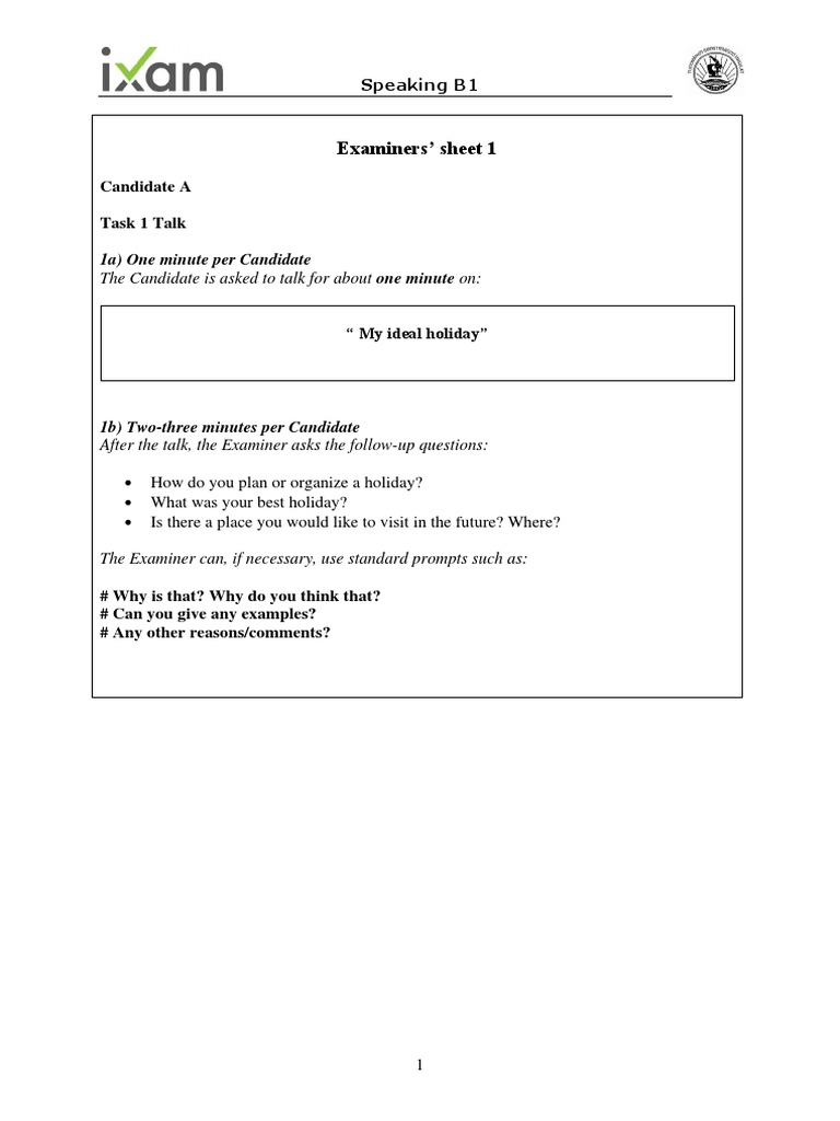 Examiners' Sheet 1: Speaking B1 | Download Free PDF | Test (Assessment ...