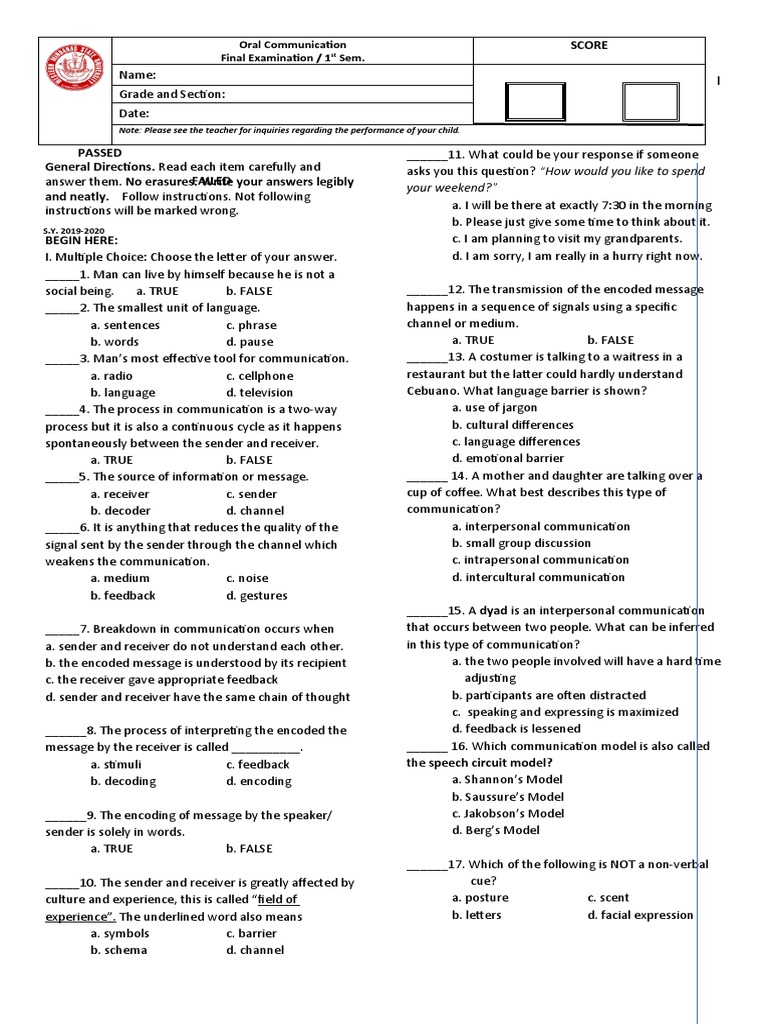 Oral Communication Exam Guide | PDF | Nonverbal Communication | Speech