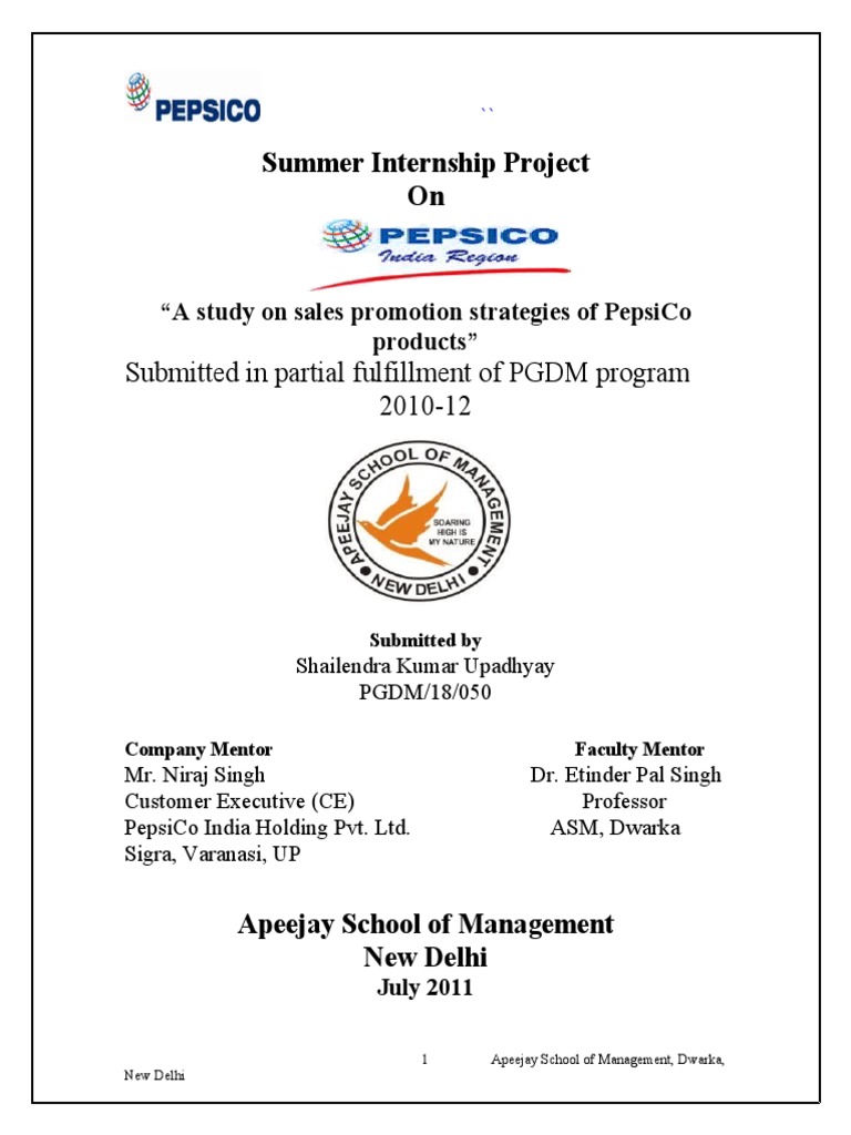PepsiCo Summer Internship Project PDF Pepsi Pepsi Co