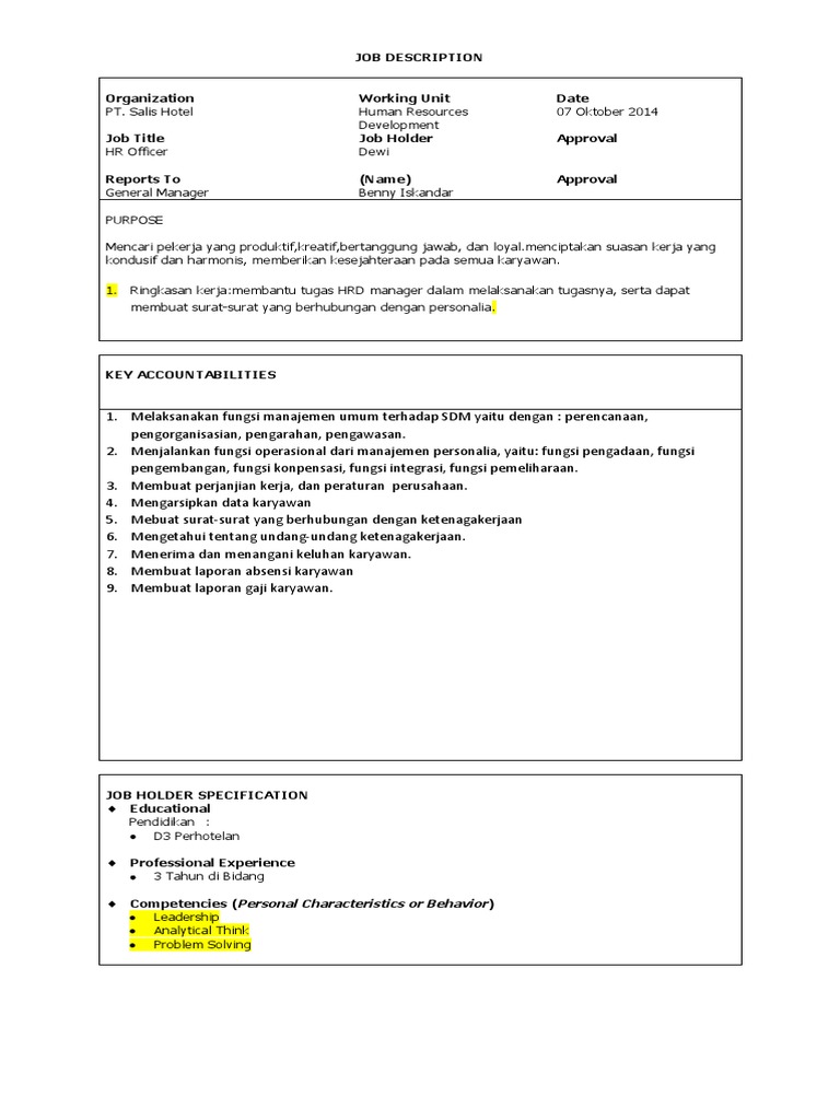 Contoh Job Description HR Officer | PDF