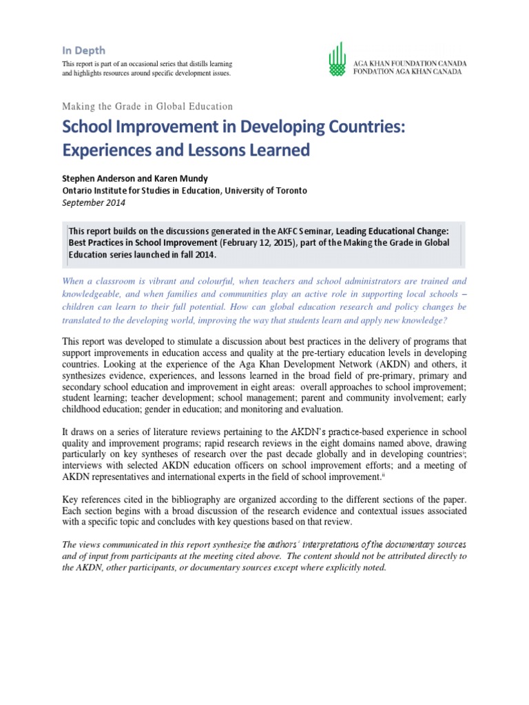 School Improvement in Developing Countries: Experiences and Lessons ...