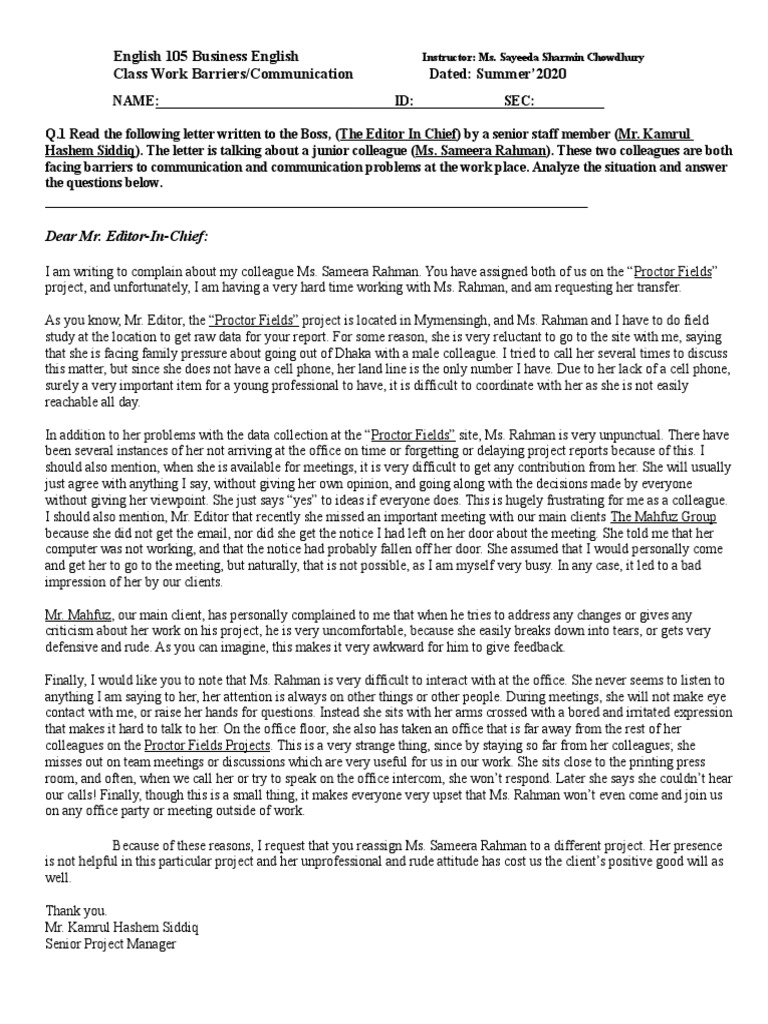 Eng 105 Barriers To Communication Case Study PDF Communication