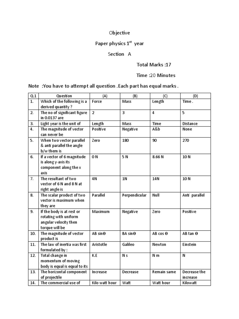 Objective Paper Physics 1 Year Section A Total Marks:17 Time:20 Minutes ...