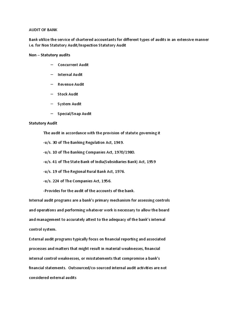 Bank Audit Types and Regulations Explained | PDF