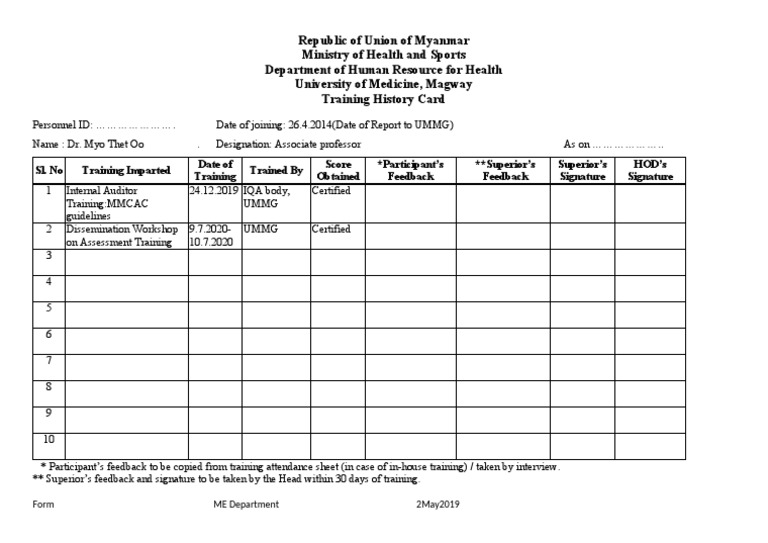 Training History Form PDF